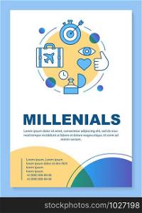 Millennials poster template layout. Age group. Gen Y lifestyle. Core values. Banner, booklet, leaflet print design with linear icons. Vector brochure page layouts for magazines, advertising flyers