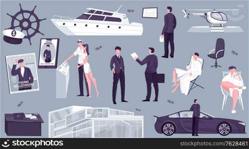 Millionaire rich people set of flat isolated icons and images of luxury private property and transport vector illustration
