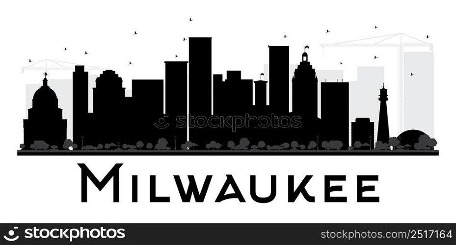 Milwaukee City skyline black and white silhouette. Vector illustration. Simple flat concept for tourism presentation, banner, placard or web site. Cityscape with landmarks