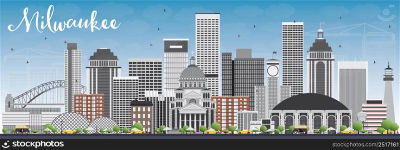 Milwaukee Skyline with Gray Buildings and Blue Sky. Vector Illustration. Business Travel and Tourism Concept with Modern Buildings. Image for Presentation Banner Placard and Web Site.