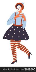Mime performance, isolated female personage wearing skirt and beret showing expression and posing. Mime performer, entertainment and fun on stage for people. Cartoon character, vector in flat style. Pantimimist woman with beret, mime performance