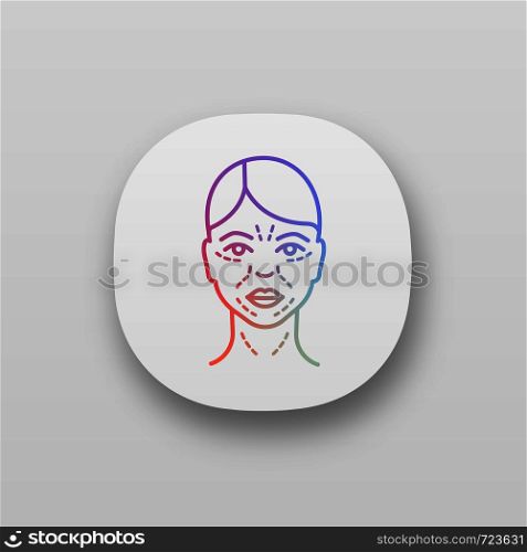 Mimic wrinkles app icon. UI/UX user interface. Facial skin after thirty. Face ageing. Facial markup for cosmetic procedure. Web or mobile application. Vector isolated illustration. Mimic wrinkles app icon