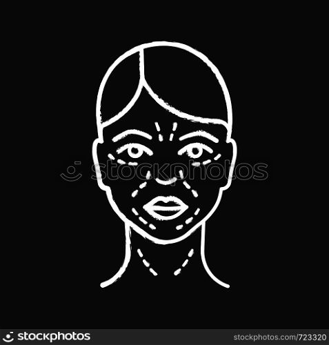 Mimic wrinkles chalk icon. Facial skin after thirty. Face ageing. Facial markup for cosmetic procedure. Isolated vector chalkboard illustration. Mimic wrinkles chalk icon