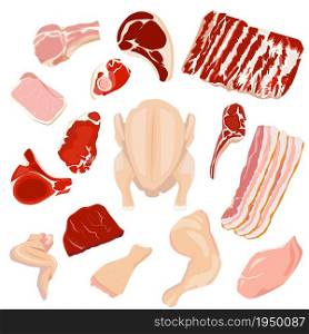 Minced meat, steaks, ham, bacon of pork, beef and lamb, chicken, turkey. Products on the counter of the butcher store. Minced meat, steaks, ham, bacon of pork, beef and lamb, chicken, turkey. Products on the counter of the butcher store.