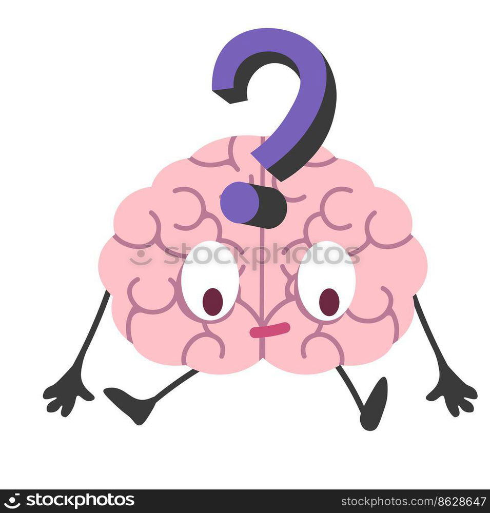 Mind character humanized brain personage with question mark. Puzzle and