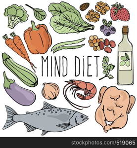 MIND DIET Healthy Nutrition Brain Vector Illustration Set