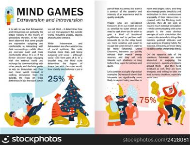 Mind games extraversion and introversion infographics, book pages with behavior of persons during leisure vector illustration . Extraversion Introversion Infographics