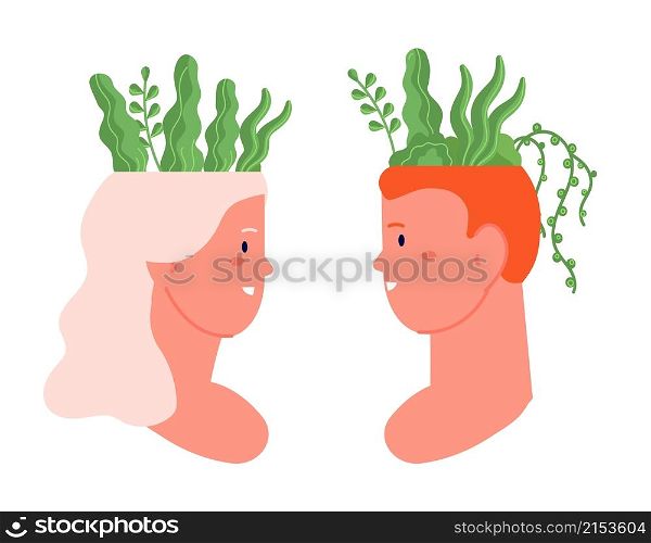 Mind health concept. Flower therapy, female male brain relax. Happy idea birth, plants in human head. Mental wellbeing utter vector metaphor. Illustration mental head, psychology of mind. Mind health concept. Flower therapy, female male brain relax. Happy idea birth, plants in human head. Mental wellbeing utter vector metaphor
