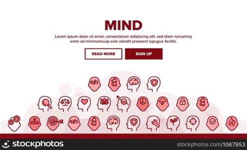 Mind Landing Web Page Header Banner Template Vector. Padlock And Fire, Plant Leaves And Shield, Puzzle And Battery, Heart And Mind In Man Head Silhouette Illustration. Mind Elements Landing Header Vector