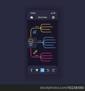 Mind mapping smartphone interface vector template. Mobile app page design layout. Digital tool for brainstorming screen. New ideas generation. Data visualizing. Flat UI for application. Phone display. Mind mapping smartphone interface vector template