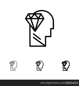 Mind, Perfection, Diamond, Head Bold and thin black line icon set