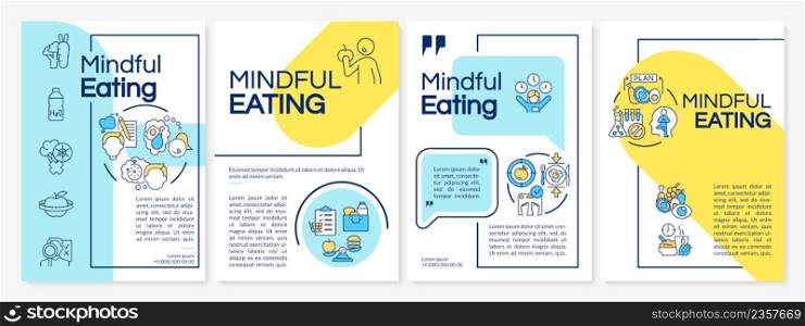 Mindful eating blue and yellow brochure template. Attentive nutrition. Leaflet design with linear icons. 4 vector layouts for presentation, annual reports. Questrial, Lato-Regular fonts used. Mindful eating blue and yellow brochure template