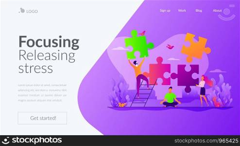 Mindful meditating, mental calmness and self-consciousness, focusing and releasing stress concept. Website homepage interface UI template. Landing web page with infographic concept hero header image.. Mindfulness landing page template.