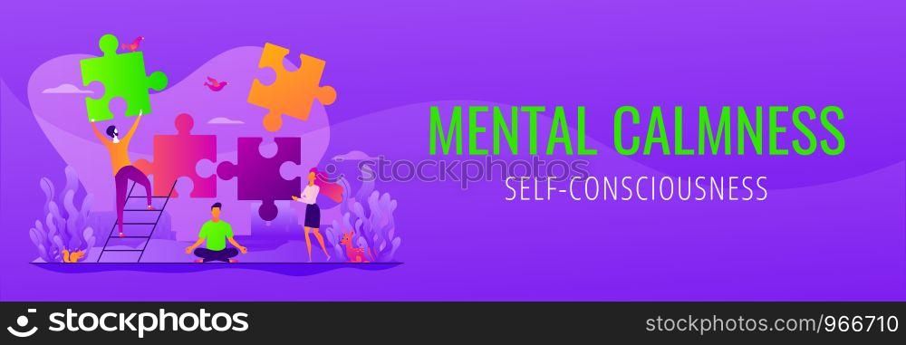 Mindful meditating, mental calmness and self-consciousness, focusing and releasing stress concept. Vector banner template for social media with text copy space and infographic concept illustration.. Mindfulness web banner concept.