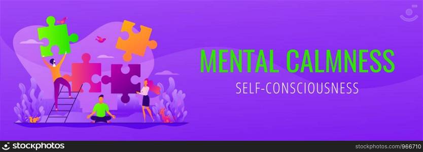Mindful meditating, mental calmness and self-consciousness, focusing and releasing stress concept. Vector banner template for social media with text copy space and infographic concept illustration.. Mindfulness web banner concept.