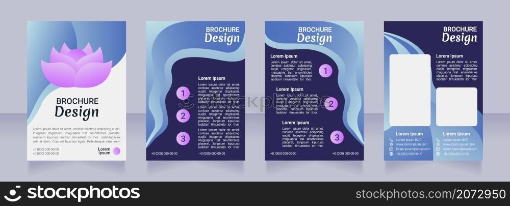 Mindfulness blue blank brochure design. Template set with copy space for text. Premade corporate reports collection. Editable 4 paper pages. Robot Medium, Light, Merienda Bold fonts useds. Mindfulness blue blank brochure design
