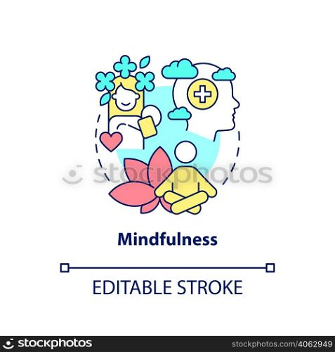 Mindfulness concept icon. Mind relaxing practices. Coping with PTSD abstract idea thin line illustration. Isolated outline drawing. Editable stroke. Arial, Myriad Pro-Bold fonts used. Mindfulness concept icon