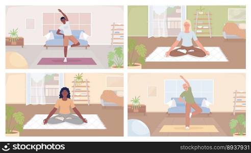 Mindfulness practice at home flat color vector illustration set. People exercising on yoga mats. Fully editable 2D simple cartoon characters collection with cozy living room interiors on background. Mindfulness practice at home flat color vector illustration set