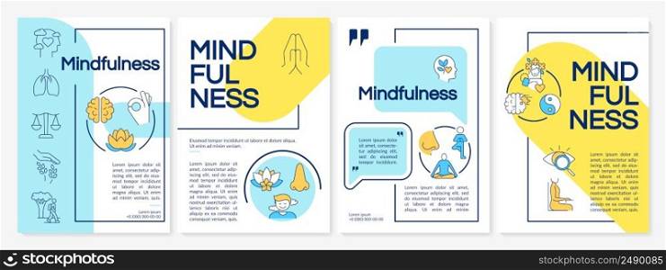 Mindfulness techniques blue and yellow brochure template. Positivity and relax. Leaflet design with linear icons. 4 vector layouts for presentation, annual reports. Questrial, Lato-Regular fonts used. Mindfulness techniques blue and yellow brochure template