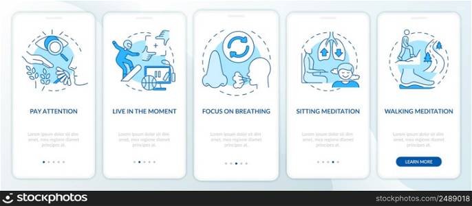 Mindfulness techniques blue onboarding mobile app screen. Pay attention walkthrough 5 steps graphic instructions pages with linear concepts. UI, UX, GUI template. Myriad Pro-Bold, Regular fonts used. Mindfulness techniques blue onboarding mobile app screen