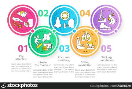 Mindfulness techniques circle infographic template. Focus on breathing. Data visualization with 5 steps. Process timeline info chart. Workflow layout with line icons. Myriad Pro-Regular font used. Mindfulness techniques circle infographic template