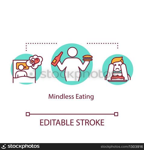 Mindless eating concept icon. Unhealthy nutrition, overeating idea thin line illustration. Late night snacks, junk food and emotional eating. Vector isolated outline RGB color drawing. Editable stroke