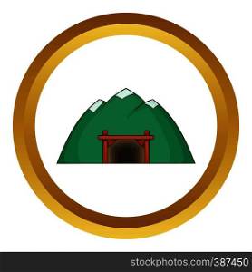 Mine in mountain vector icon in golden circle, cartoon style isolated on white background. Mine in mountain vector icon