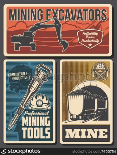 Mine industry vector design of coal mining equipment and miner tools. Hard hat, pickaxes, excavator and pneumatic coal hammer, helmet, headlamp, mine trolley with black mineral rocks or iron stones. Coal mining equipment, miner tools, mine industry