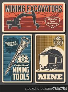 Mine industry vector design of coal mining equipment and miner tools. Hard hat, pickaxes, excavator and pneumatic coal hammer, helmet, headlamp, mine trolley with black mineral rocks or iron stones. Coal mining equipment, miner tools, mine industry