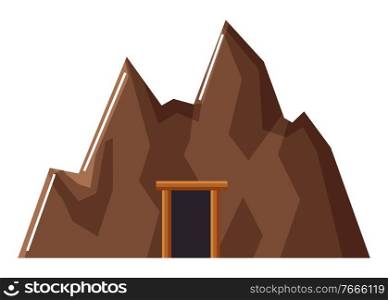 Mine with doors construction. Mining industries or geology researches in quarry. Industrial works on finding coal and minerals, heavy ores and gold or gems. Deep tunnel isolated icon, vector. Mine with Doors, Mining Industry Quarry Vector