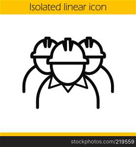 Mine workers linear icon. Thin line illustration. Industrial factory workers contour symbol. Vector isolated outline drawing. Mine workers linear icon