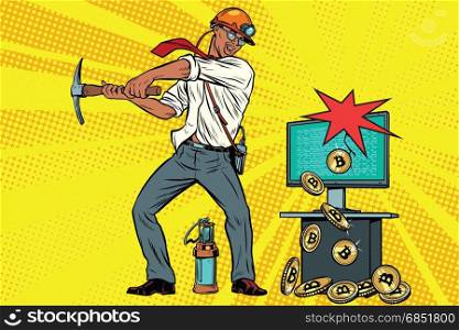 Miner businessman is mining bitcoins from your computer. Cryptocurrency and electronic money. Pop art retro comic book vector illustration. Miner businessman is mining bitcoins from your computer