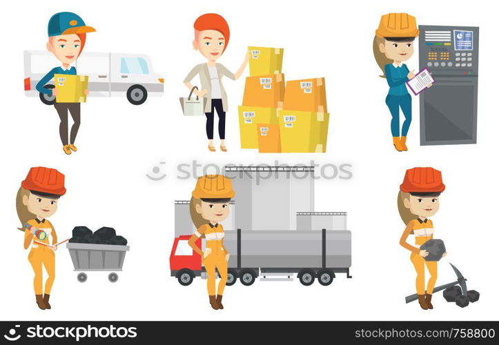 Miner checking documents on the background of trolley with coal. Miner working with a pickaxe. Caucasian female miner at work. Set of vector flat design illustrations isolated on white background.. Vector set of industrial workers.