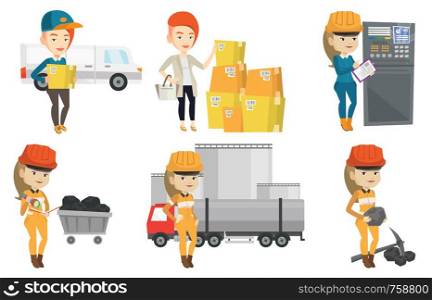 Miner checking documents on the background of trolley with coal. Miner working with a pickaxe. Caucasian female miner at work. Set of vector flat design illustrations isolated on white background.. Vector set of industrial workers.