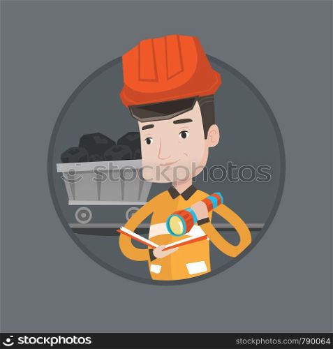 Miner checking documents with flashlight on the background of trolley with coal. Mine worker in hard hat. Miner in coal mine. Vector flat design illustration in the circle isolated on background.. Miner checking documents vector illustration.