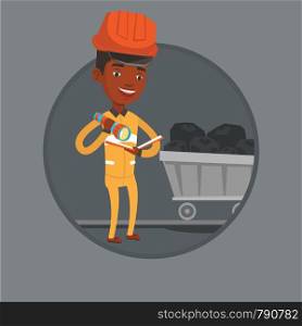 Miner checking documents with flashlight on the background of trolley with coal. Mine worker in hard hat. Miner in coal mine. Vector flat design illustration in the circle isolated on background.. Miner checking documents vector illustration.
