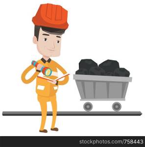 Miner checking documents with the flashlight on the background of trolley with coal. Mine worker in hard hat. Miner in the coal mine. Vector flat design illustration isolated on white background. . Miner checking documents vector illustration.