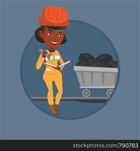 Miner checking documents with the flashlight on the background of trolley with coal. Mine worker in hard hat. Miner in the coal mine. Vector flat design illustration in circle isolated on background.. Miner checking documents vector illustration.