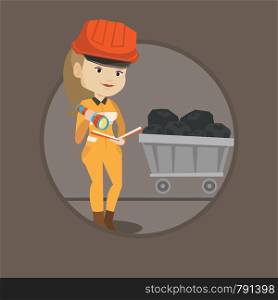 Miner checking documents with the flashlight on the background of trolley with coal. Mine worker in hard hat. Miner in the coal mine. Vector flat design illustration in circle isolated on background.. Miner checking documents vector illustration.