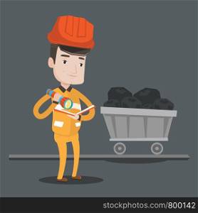 Miner checking documents with the flashlight on the background of trolley with coal. Mine worker in hard hat. Miner in the coal mine. Vector flat design illustration. Square layout.. Miner checking documents vector illustration.
