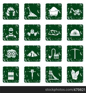 Miner icons set in grunge style green isolated vector illustration. Miner icons set grunge