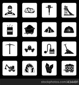 Miner icons set in white squares on black background simple style vector illustration. Miner icons set squares vector