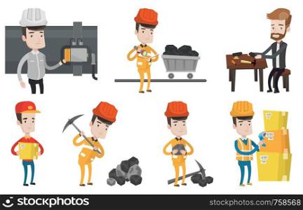 Miner in hard hat working with a pickaxe. Miner working at the coal mine. Miner holding coal in hands. Shoemaker repairing a shoe. Set of vector flat design illustrations isolated on white background.. Vector set of industrial workers.