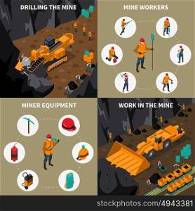 Miner People 2x2 Isometric Icons Set. Miner equipment machinery and people workinf in mine 2x2 isometric icons set isolated vector illustration