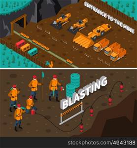 Miner People Isometric Banners. Isometric horizontal banners presenting miner people machinery and process of blasting isolated vector illustration