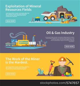 Miner work flat horizontal banner set with exploitation of mineral resources fields oil and gas industry elements isolated vector illustration