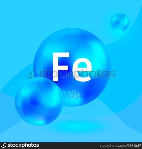 Mineral Fe, blu shining capsule. Ferrum blue glossy pill. Vector.