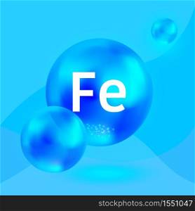 Mineral Fe, blu shining capsule. Ferrum blue glossy pill. Vector.