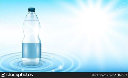 Mineral Water Bottle Fresh Drink Copy Space Vector. Mineral Water Blank Package Standing On Wet Wavy Surface. Drinking Freshness Purity Natural Liquid Template Realistic 3d Illustration. Mineral Water Bottle Fresh Drink Copy Space Vector