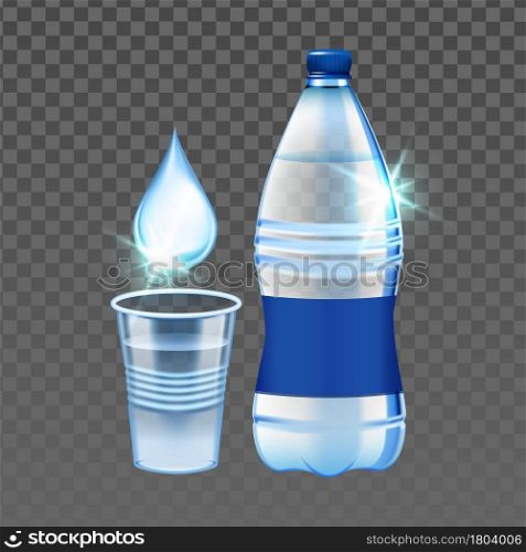 Mineral Water Drop, Cup And Blank Bottle Vector. Mineral Water Dropping In Plastic Mug And Package. Drinking Fresh Purity Natural Healthcare Drink Template Realistic 3d Illustration. Mineral Water Drop, Cup And Blank Bottle Vector
